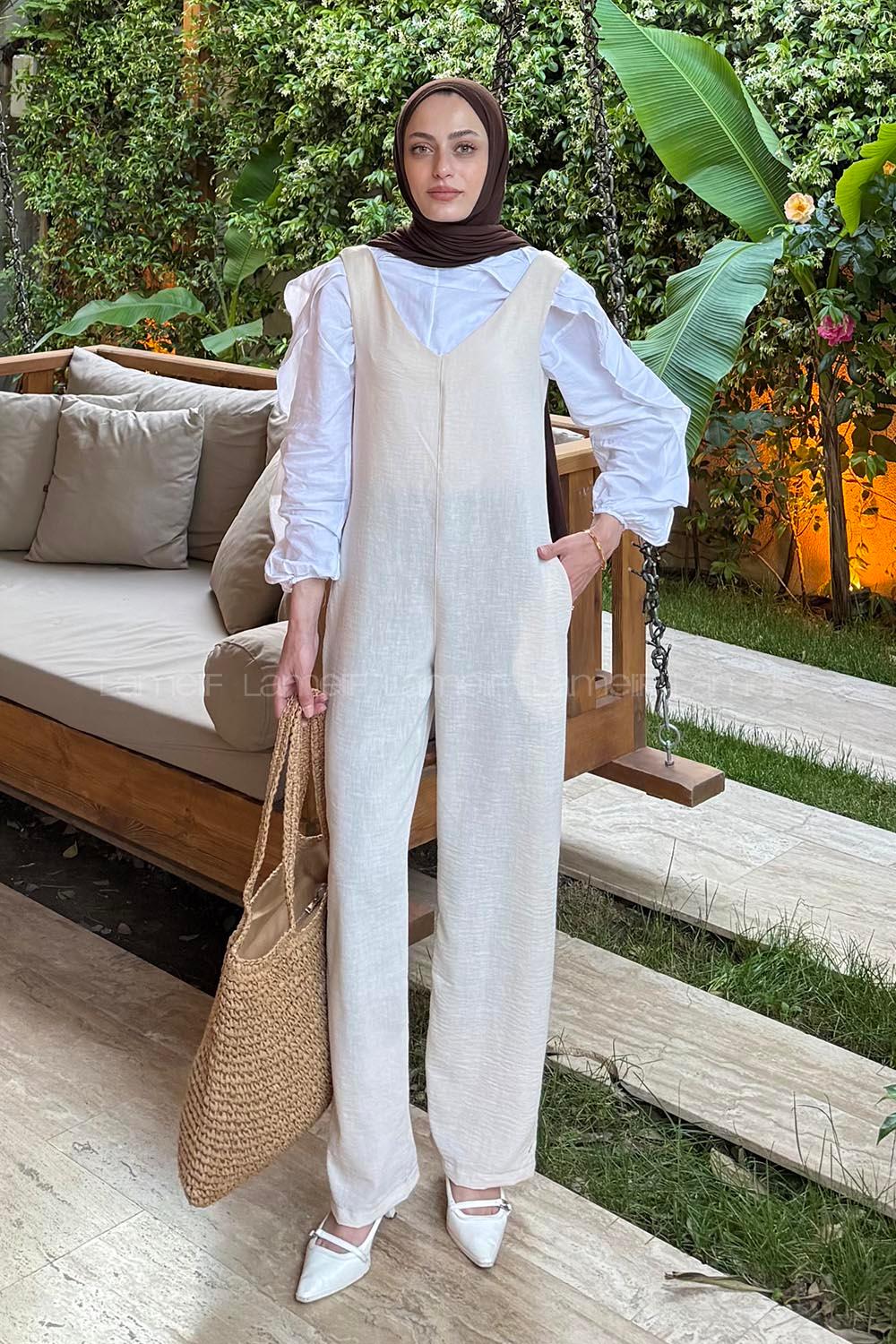 Lamelif Çift Cepli Tulum Taş Rengi