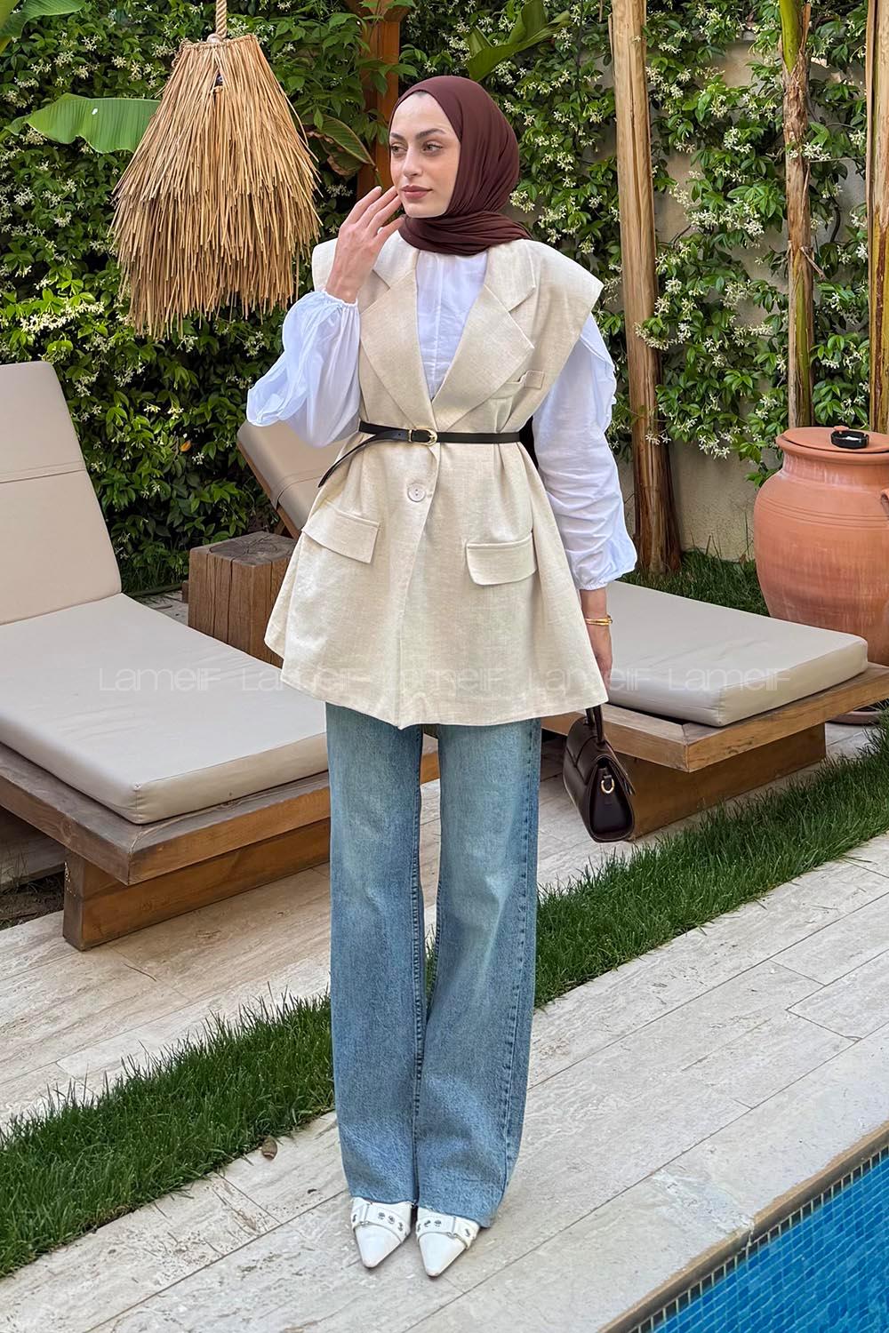 Lamelif Kemer Detaylı Keten Blazer Yelek Taş Rengi