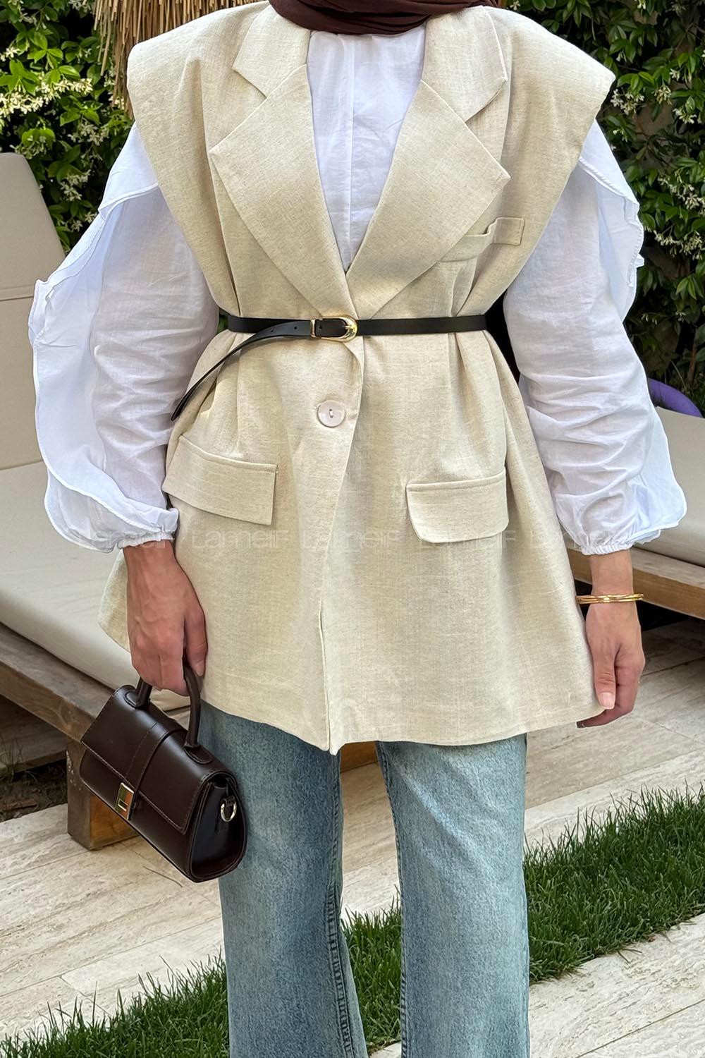 Lamelif Kemer Detaylı Keten Blazer Yelek Taş Rengi