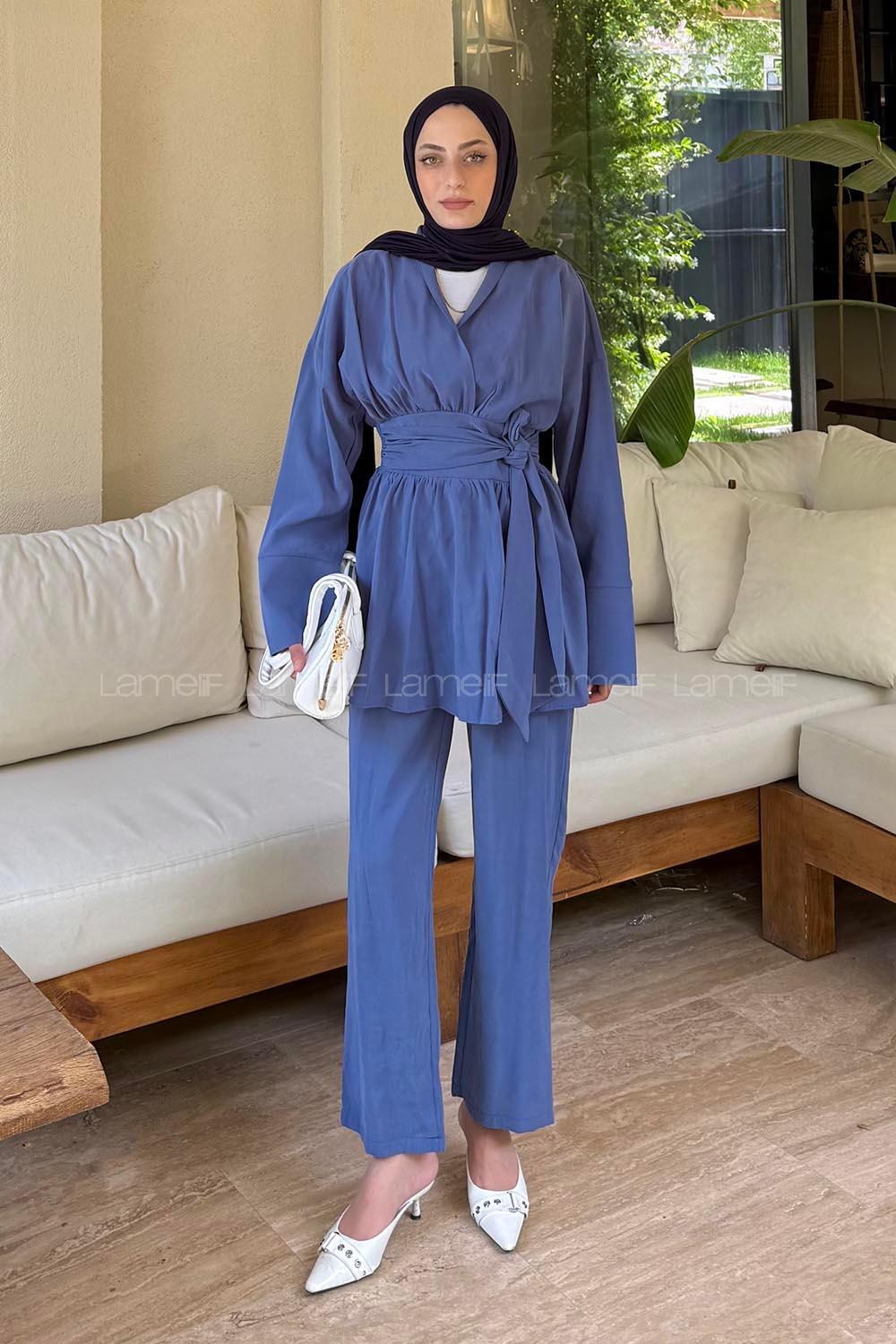 Lamelif Modal Kuşaklı Takım İndigo