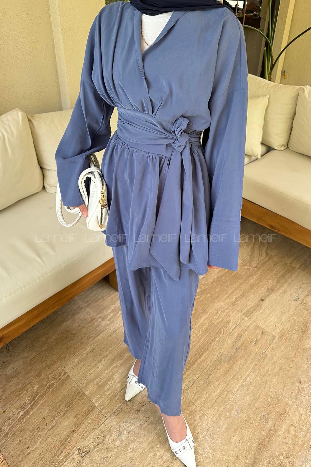 Lamelif Modal Kuşaklı Takım İndigo