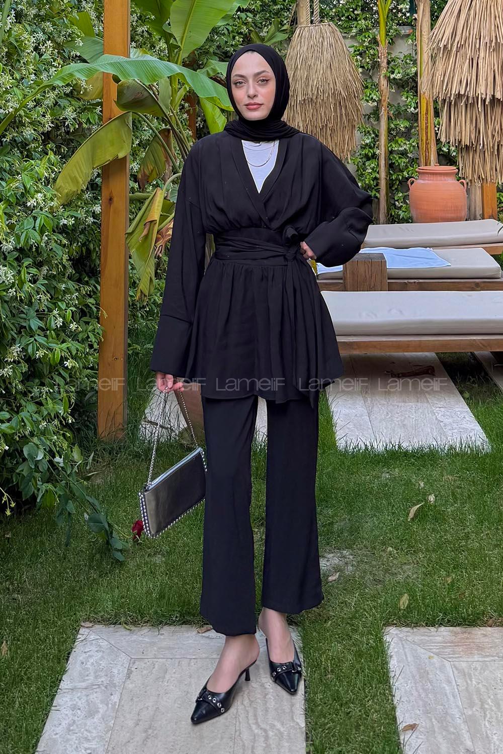 Lamelif Modal Kuşaklı Takım Siyah
