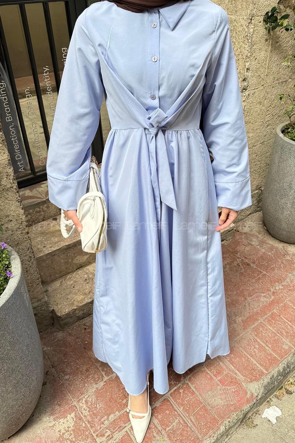 Lamelif Ön Bağlama Detaylı Tesettür Elbise Mavi