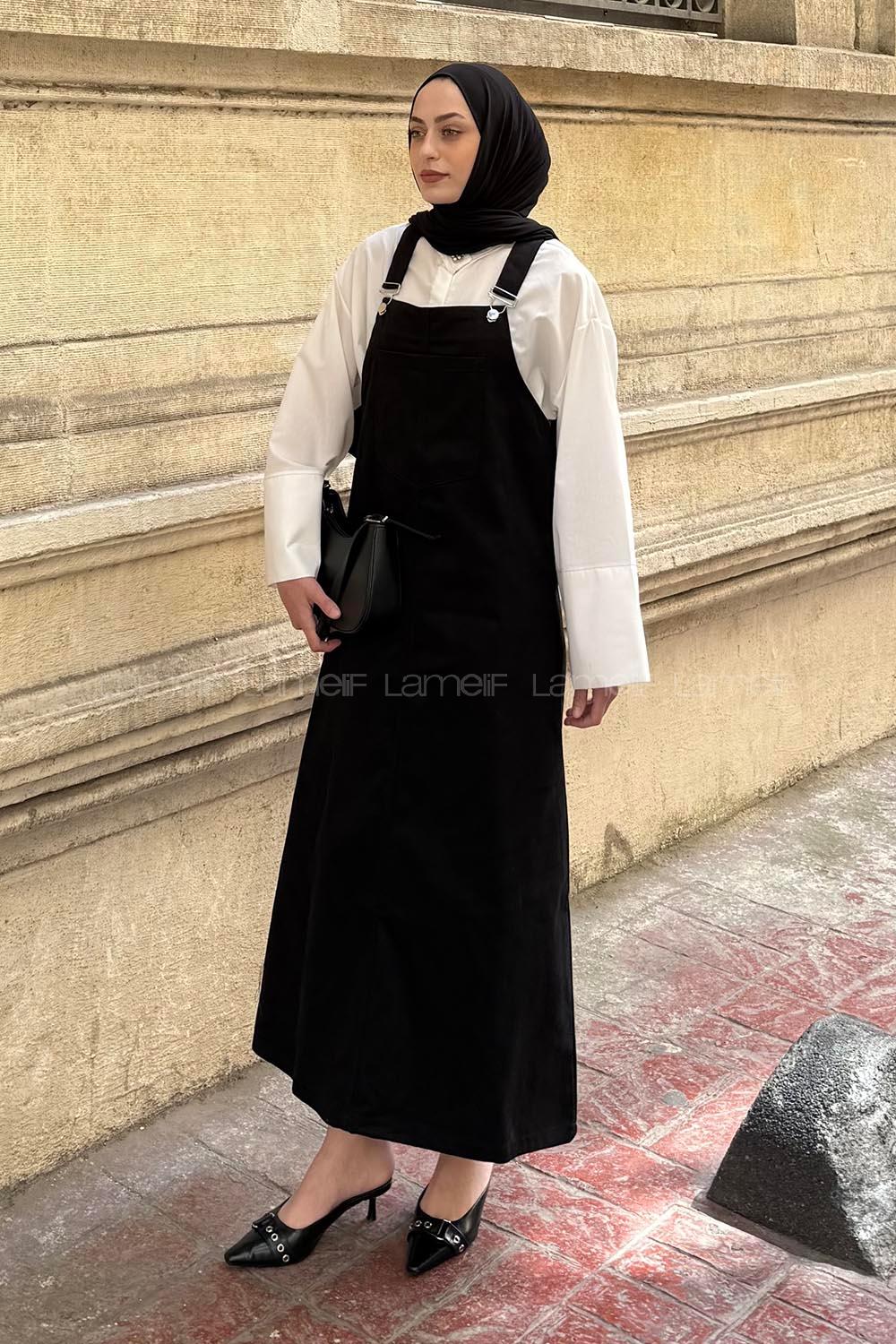 Lamelif Ön Cep Detaylı Salopet Siyah