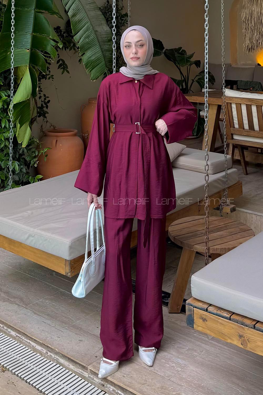 Lamelif Süs Dikişli Kemerli Takım Bordo