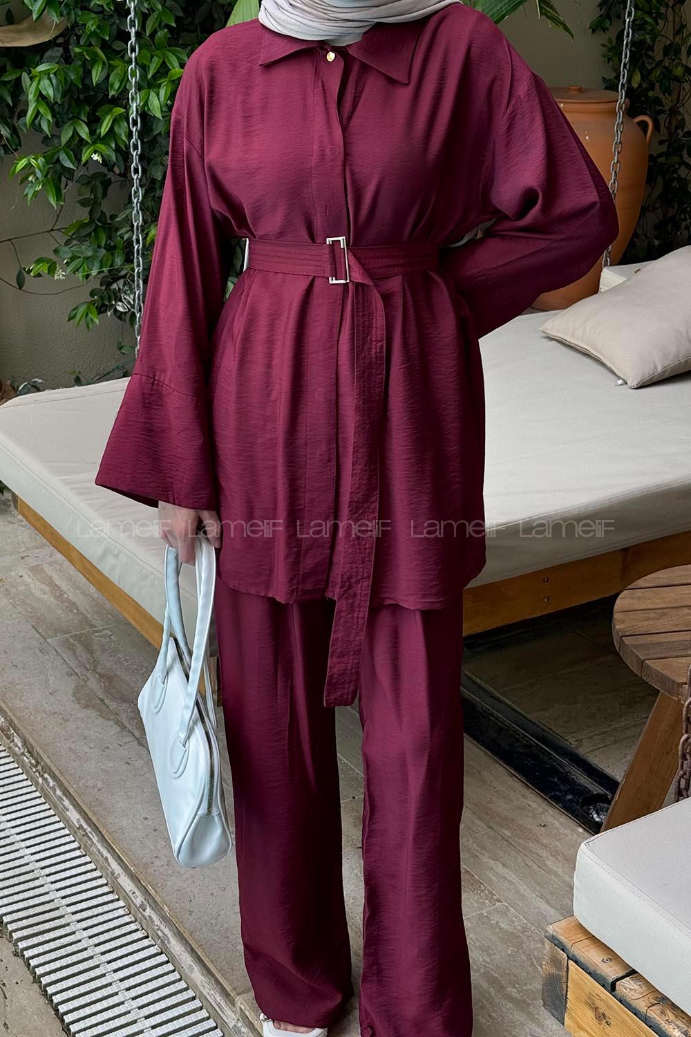Lamelif Süs Dikişli Kemerli Takım Bordo