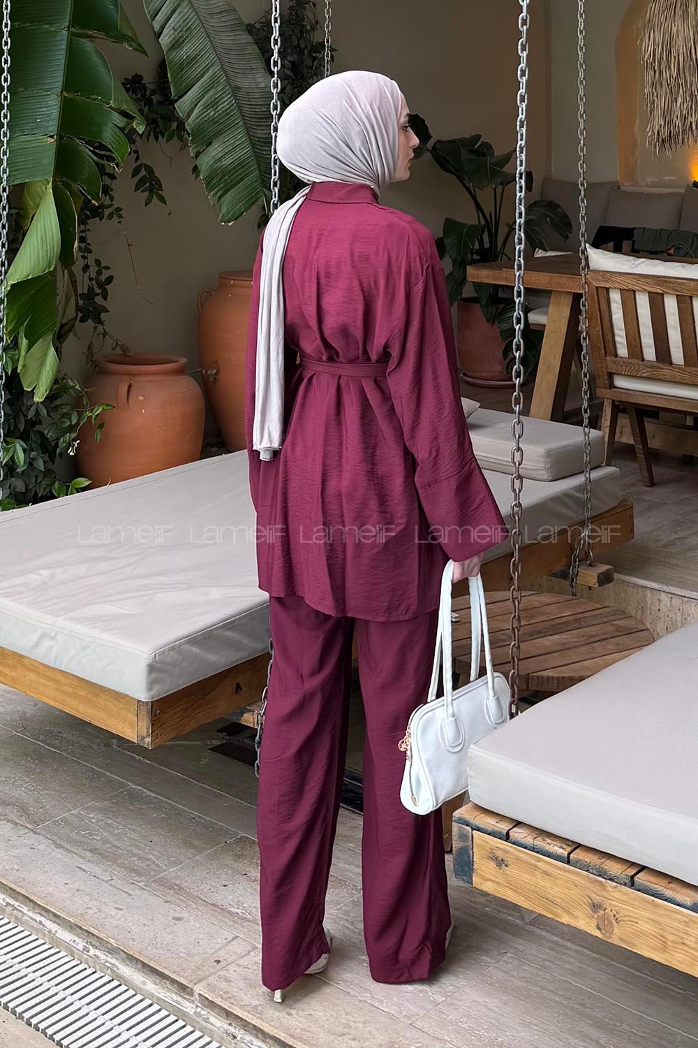 Lamelif Süs Dikişli Kemerli Takım Bordo