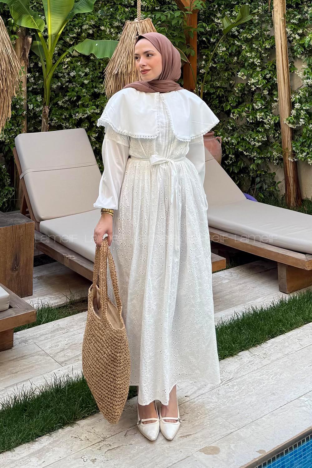 Lamelif Bebe Yaka Detaylı Kuşaklı Fisto Elbise Beyaz