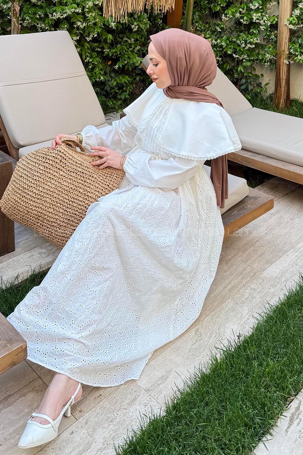 Lamelif Bebe Yaka Detaylı Kuşaklı Fisto Elbise Beyaz