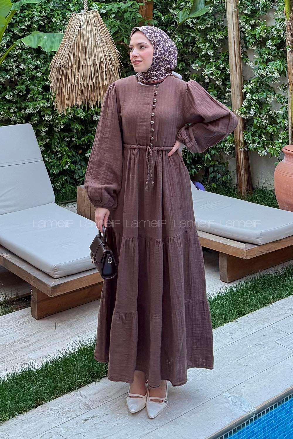 Lamelif Bel Büzgülü Tesettür Elbise Acı Kahve