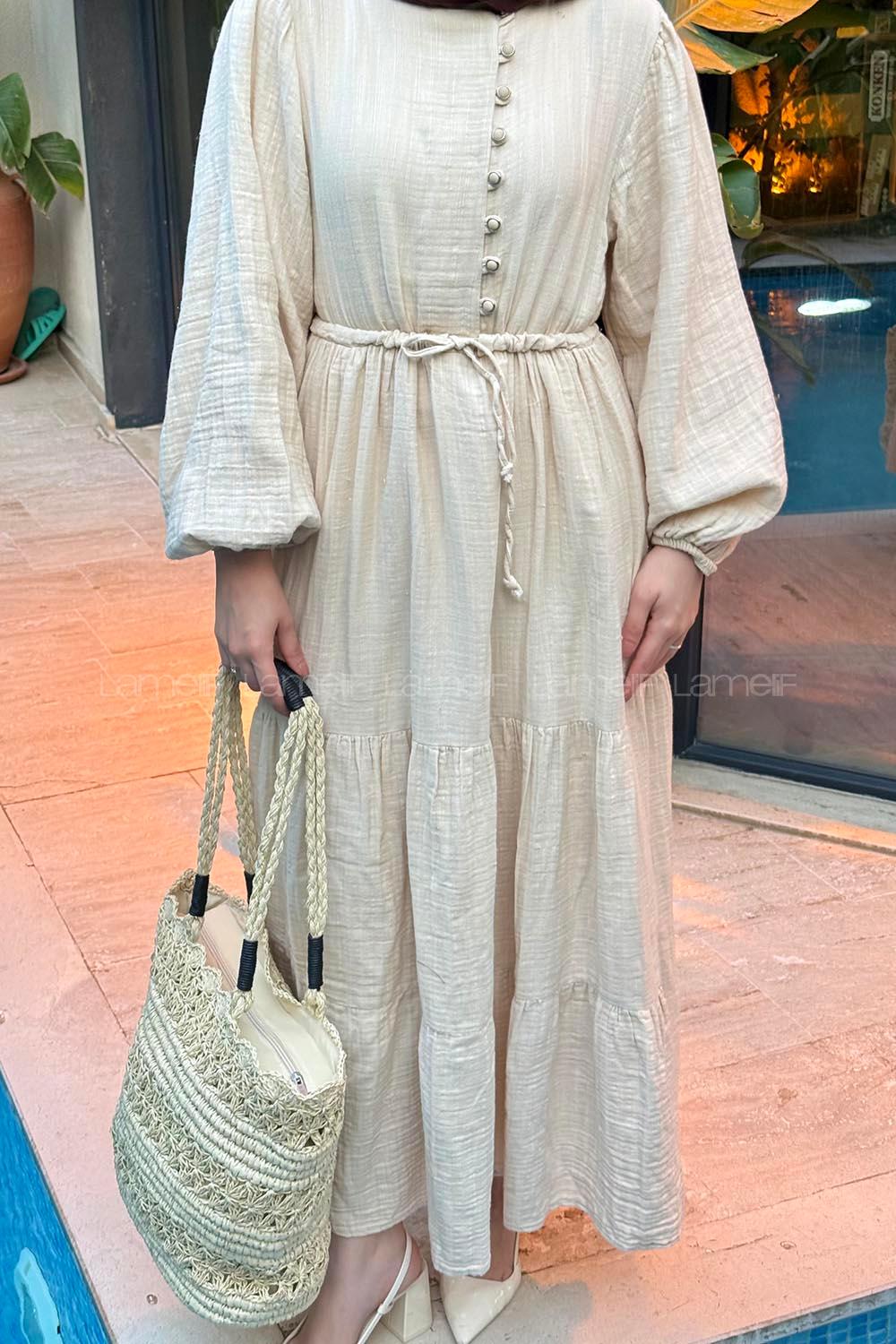 Lamelif Bel Büzgülü Tesettür Elbise Bej