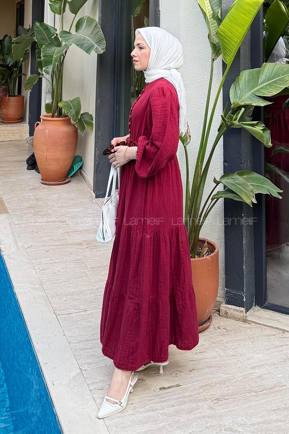 Lamelif Bel Büzgülü Tesettür Elbise Bordo