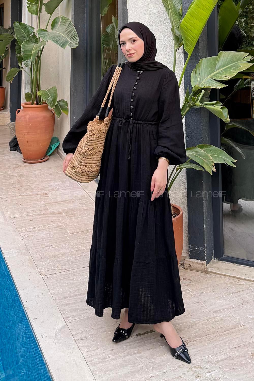 Lamelif Bel Büzgülü Tesettür Elbise Siyah