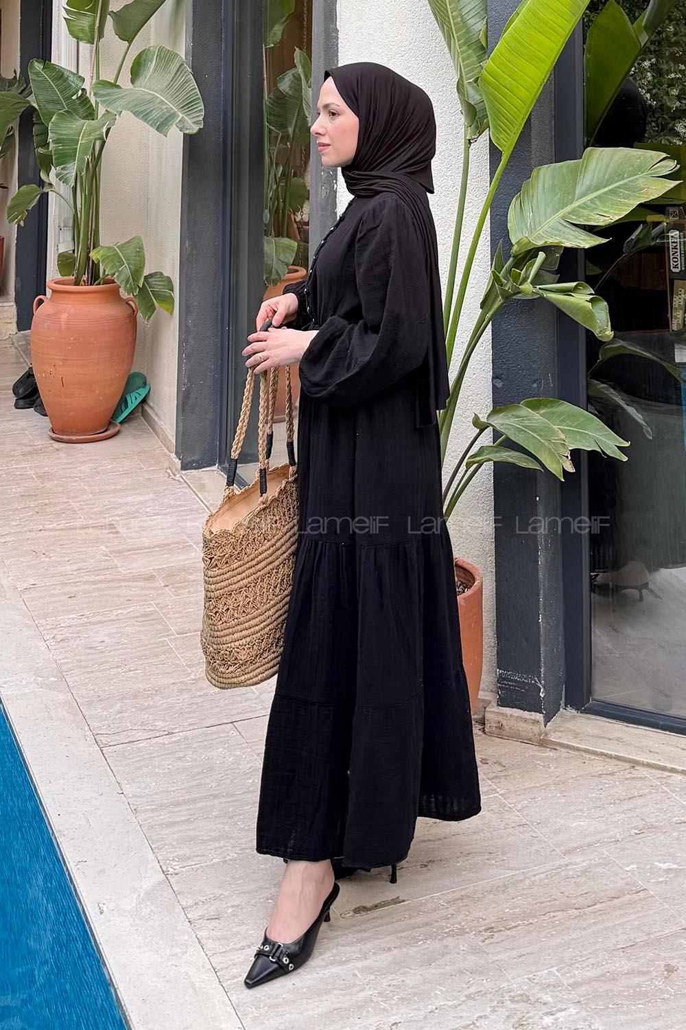 Lamelif Bel Büzgülü Tesettür Elbise Siyah