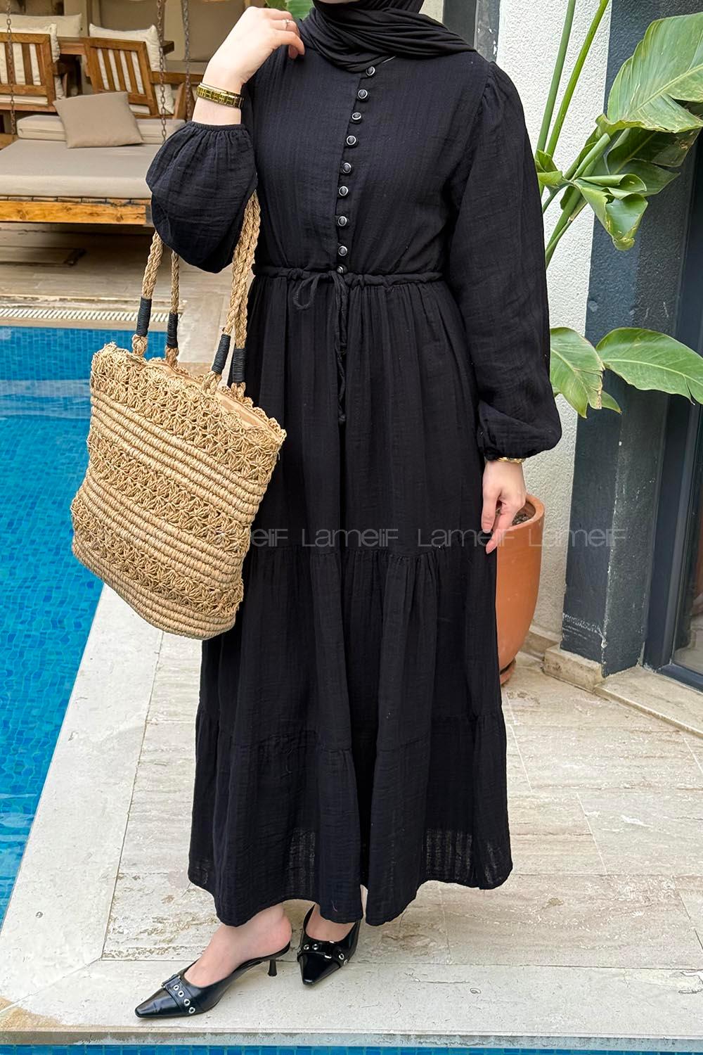Lamelif Bel Büzgülü Tesettür Elbise Siyah
