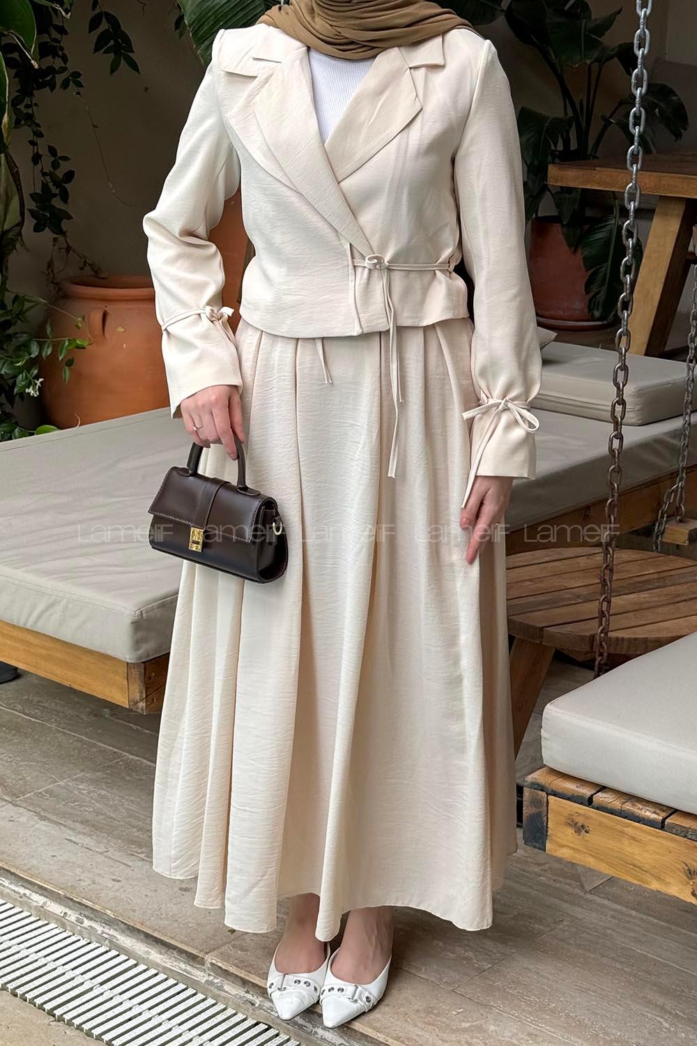 Lamelif Çift Yakalı Takım Krem