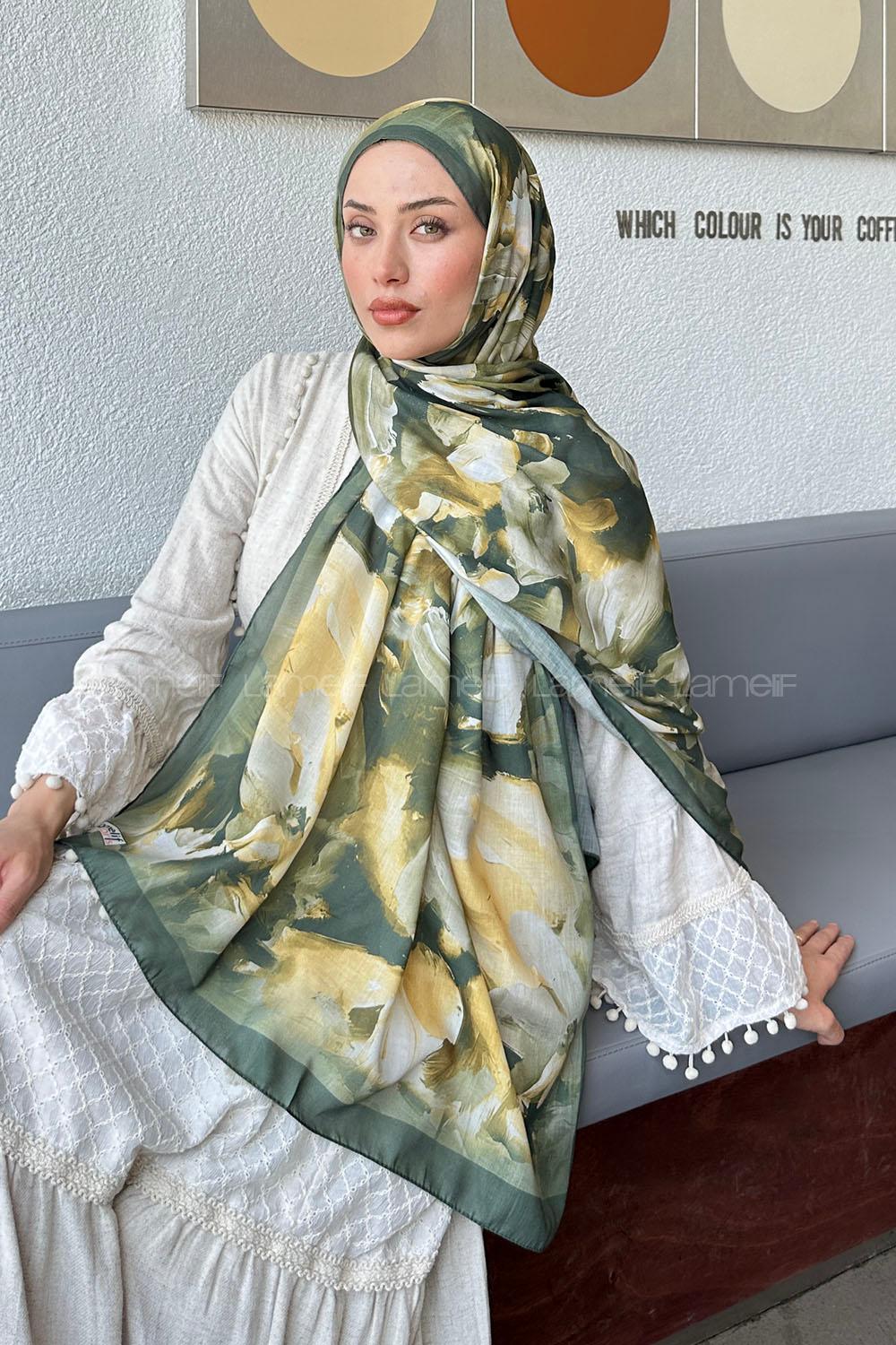 Lamelif Elegan Desen Soft Şal Haki