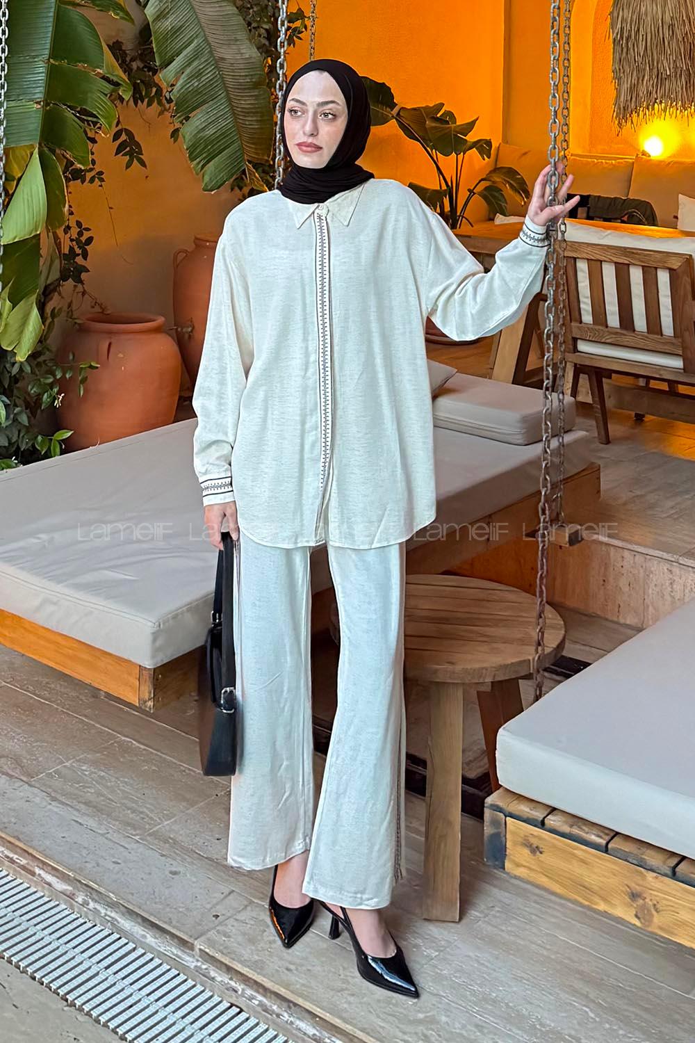 Lamelif Etnik Nakış Detaylı Keten Gömlek-Pantolon Takım Taş Rengi