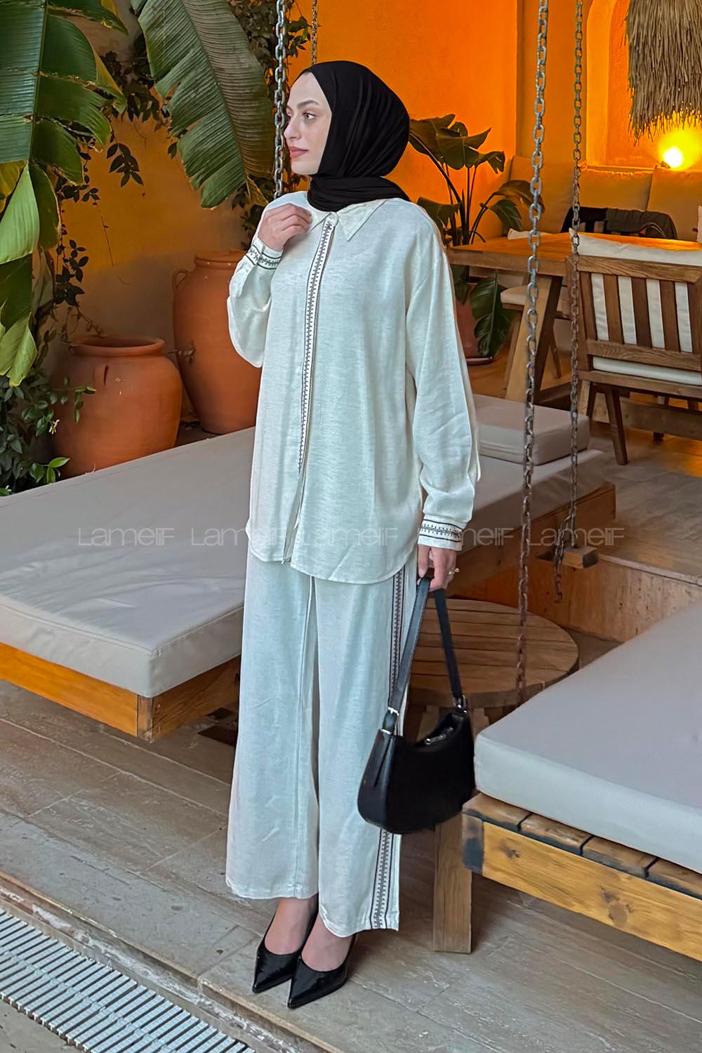 Lamelif Etnik Nakış Detaylı Keten Gömlek-Pantolon Takım Taş Rengi