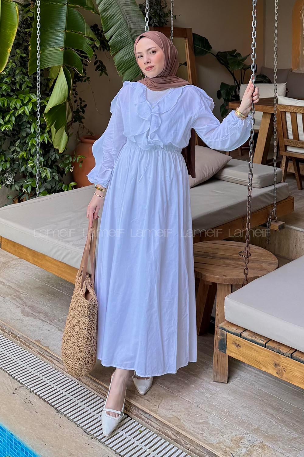 Lamelif Ön Düğmeli Fırfır Detaylı İkili Takım Beyaz