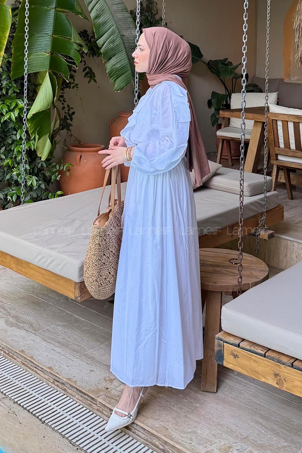 Lamelif Ön Düğmeli Fırfır Detaylı İkili Takım Beyaz