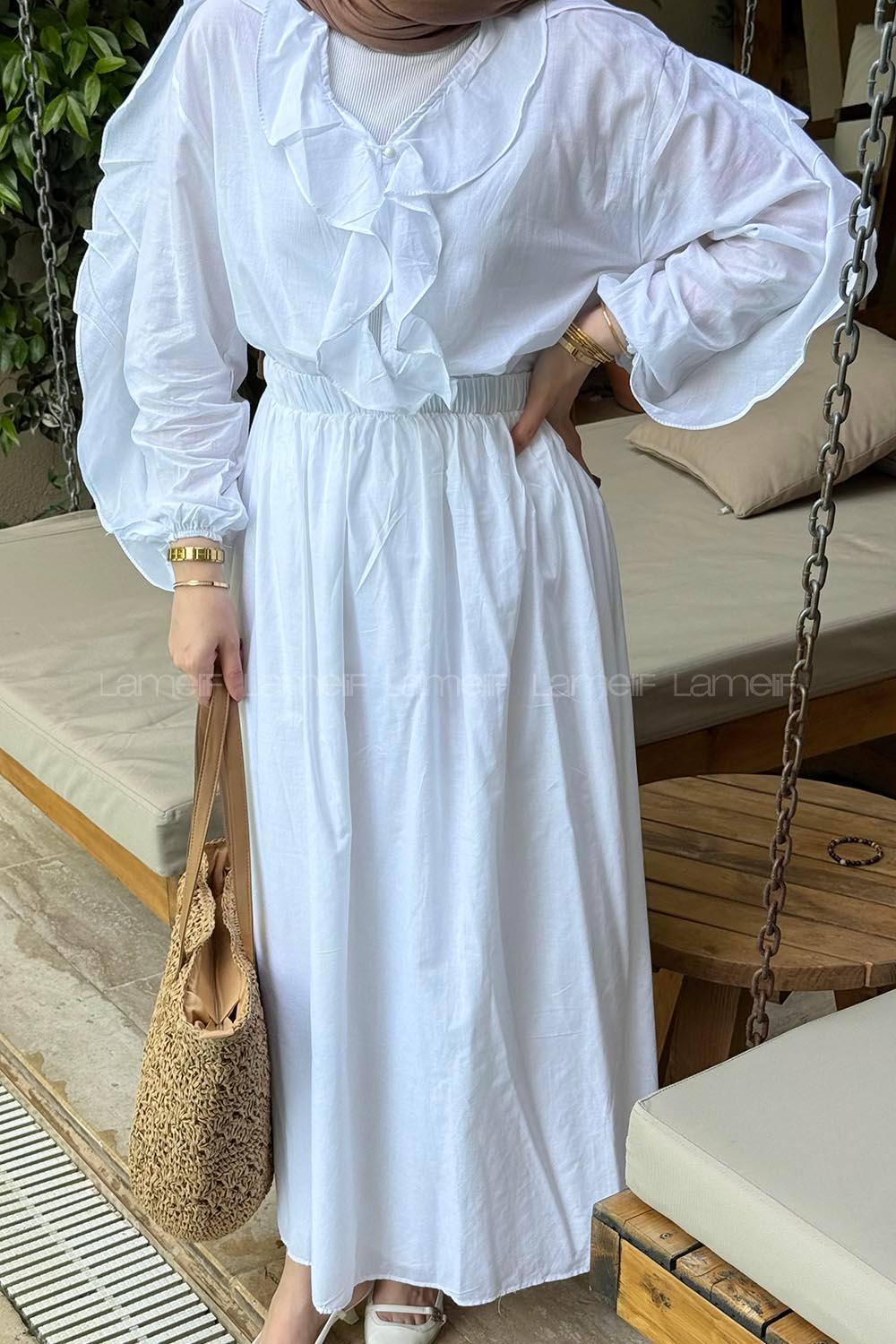 Lamelif Ön Düğmeli Fırfır Detaylı İkili Takım Beyaz