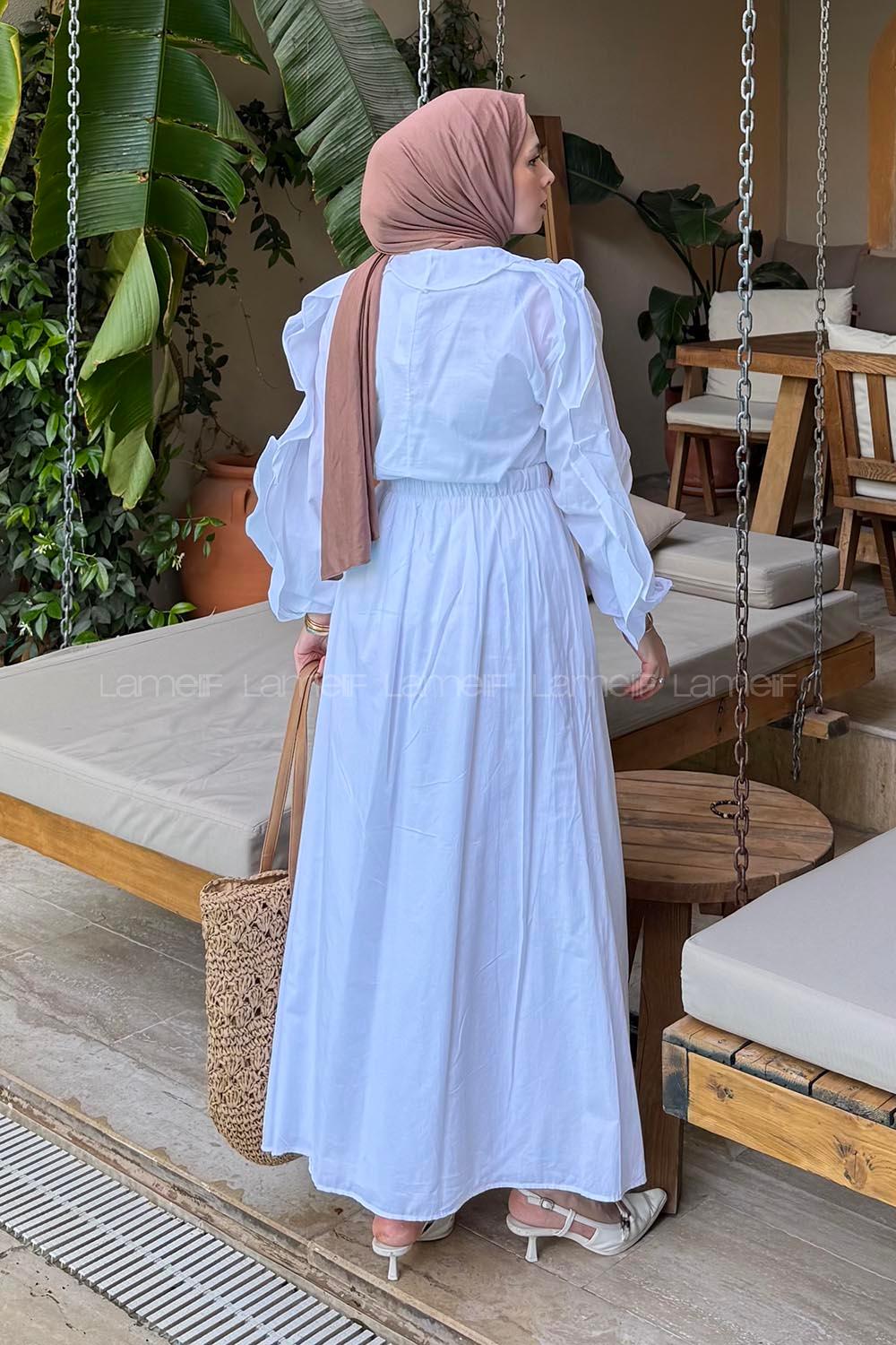 Lamelif Ön Düğmeli Fırfır Detaylı İkili Takım Beyaz