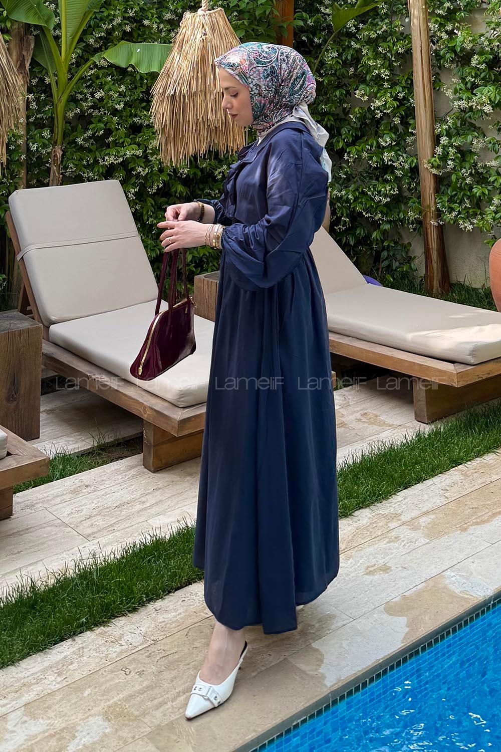 Lamelif Ön Düğmeli Fırfır Detaylı İkili Takım Lacivert