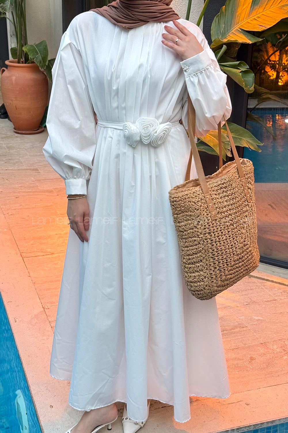 Lamelif Pileli Poplin Elbise Beyaz