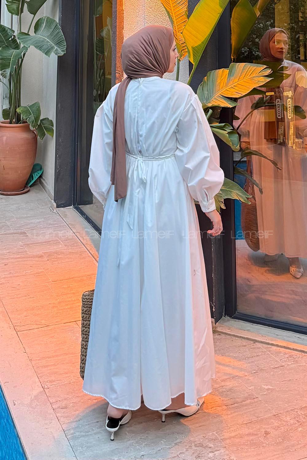 Lamelif Pileli Poplin Elbise Beyaz