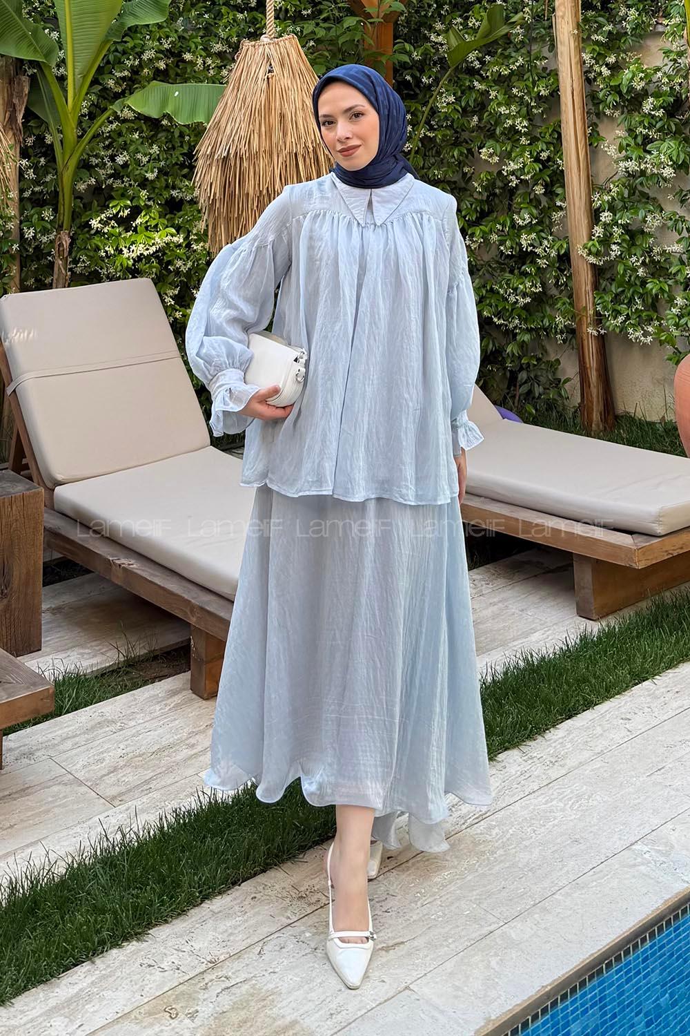 Lamelif Tesettür Şifon Takım Açık Mavi