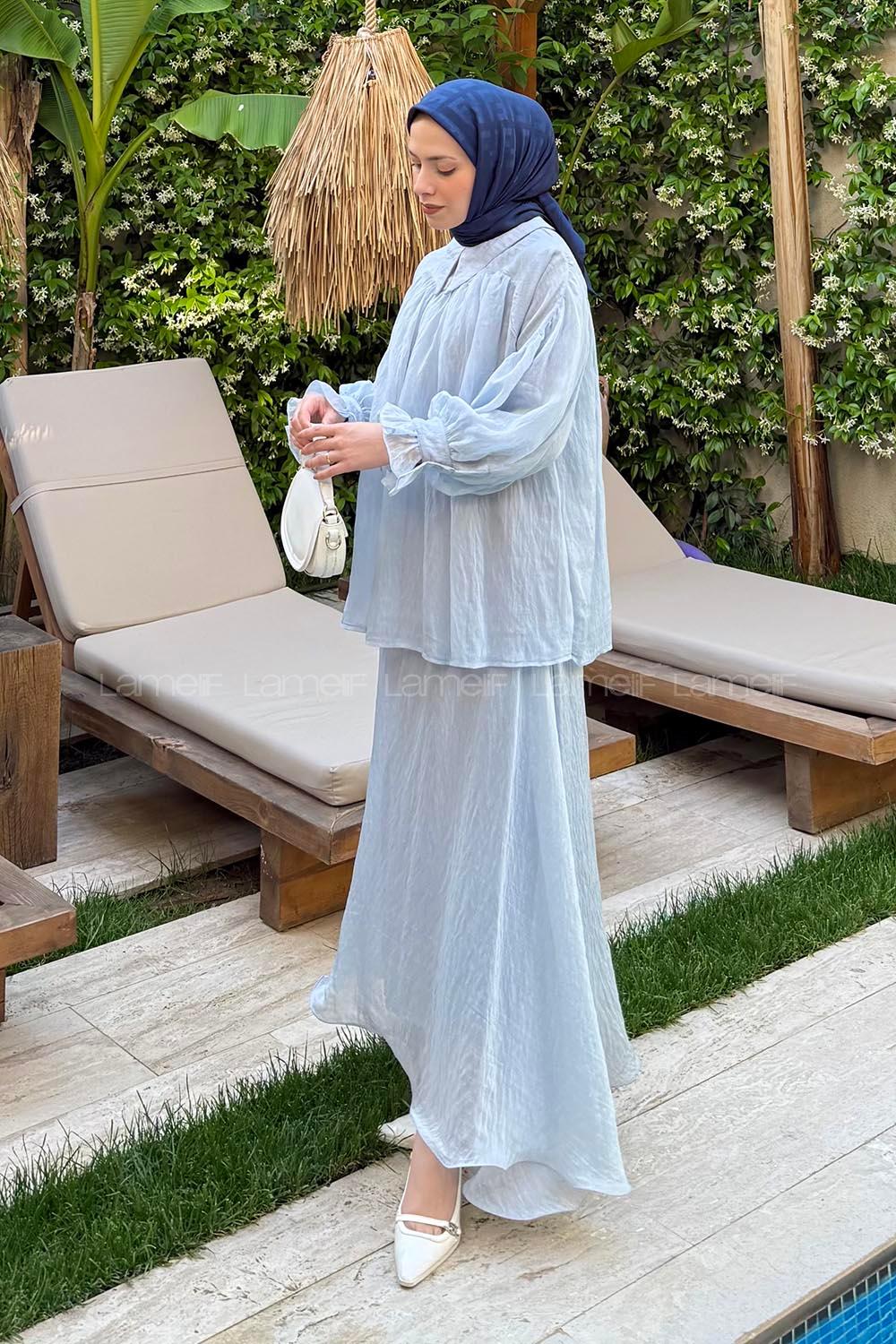 Lamelif Tesettür Şifon Takım Açık Mavi