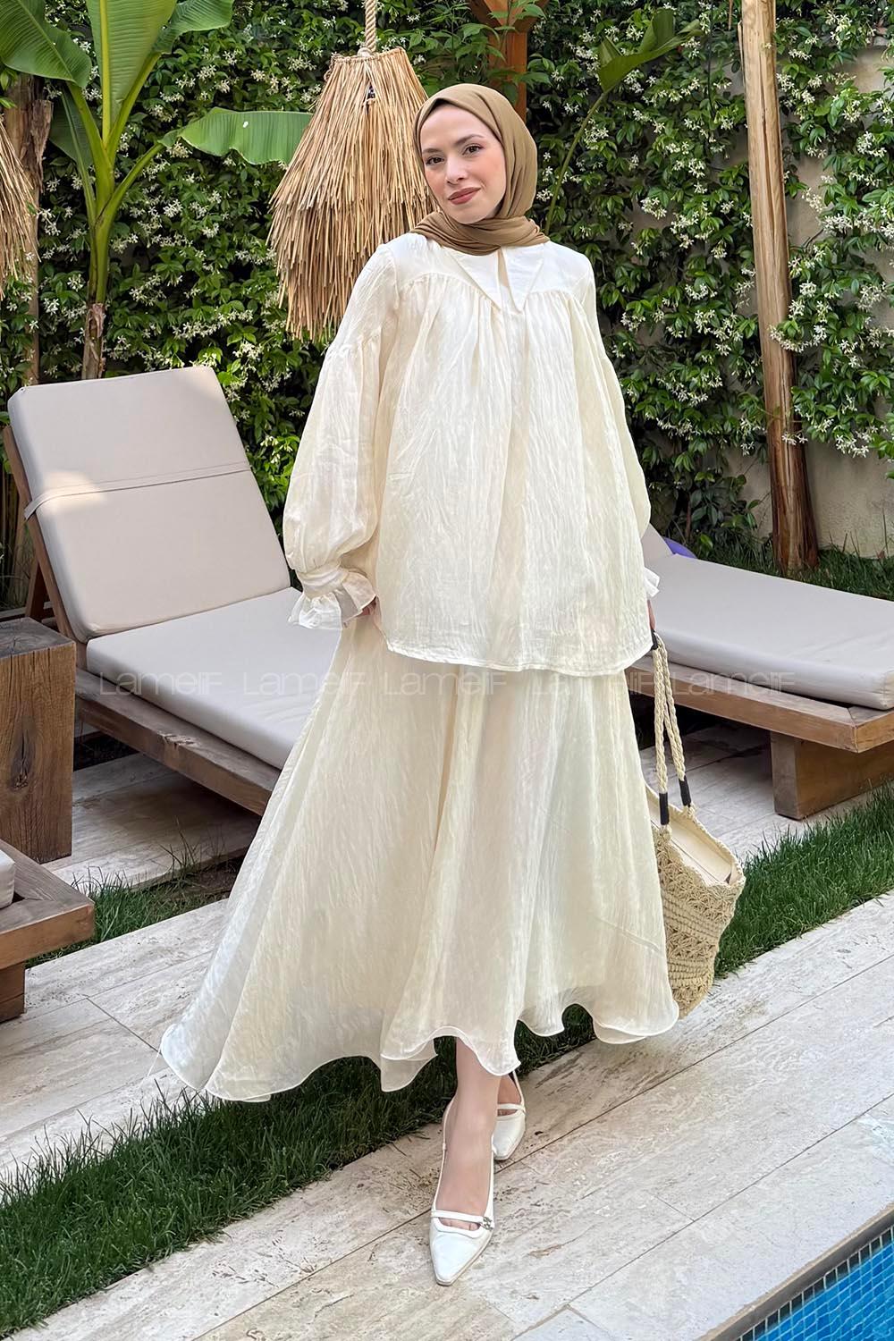 Lamelif Tesettür Şifon Takım Taş Rengi