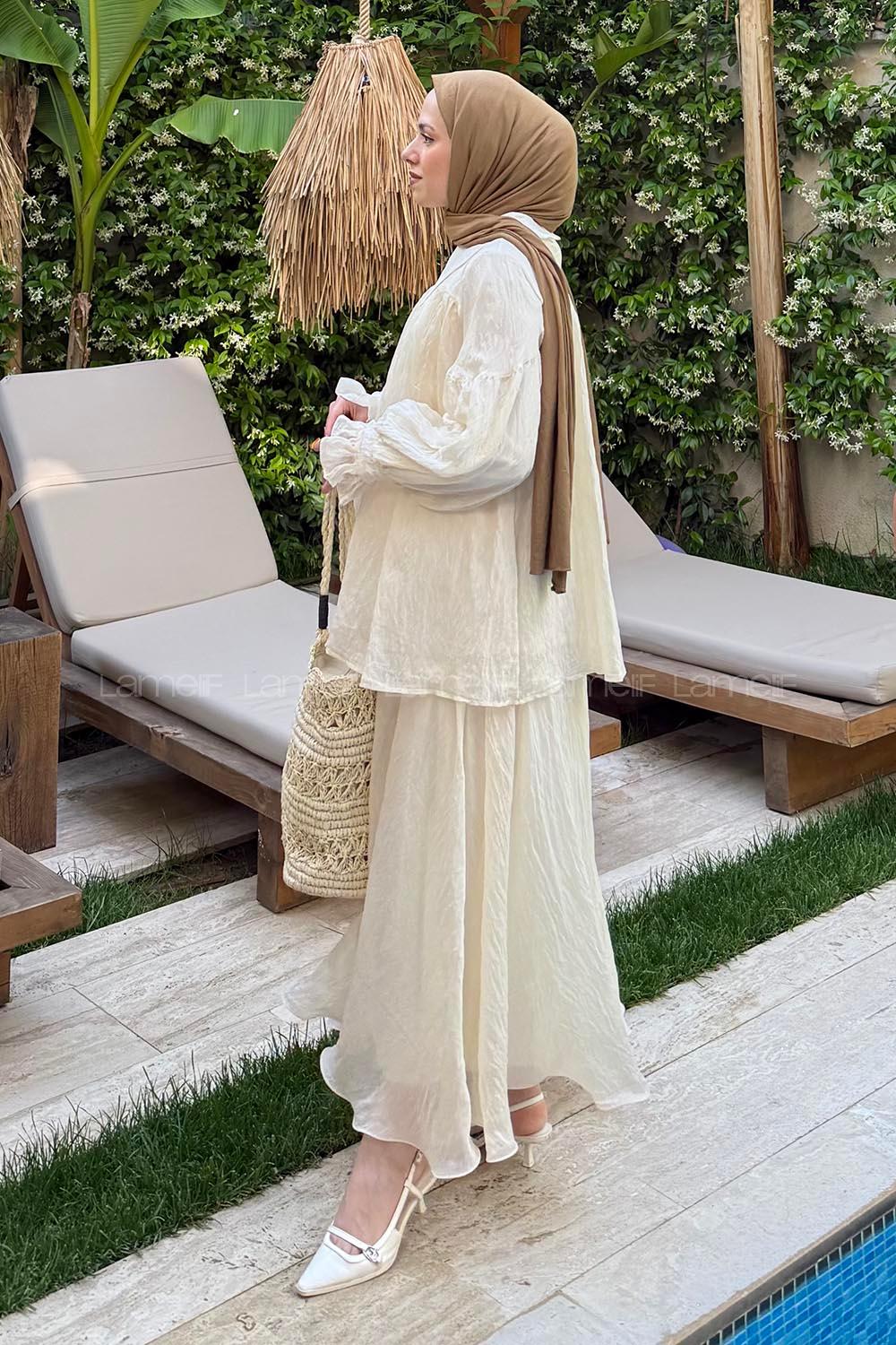 Lamelif Tesettür Şifon Takım Taş Rengi