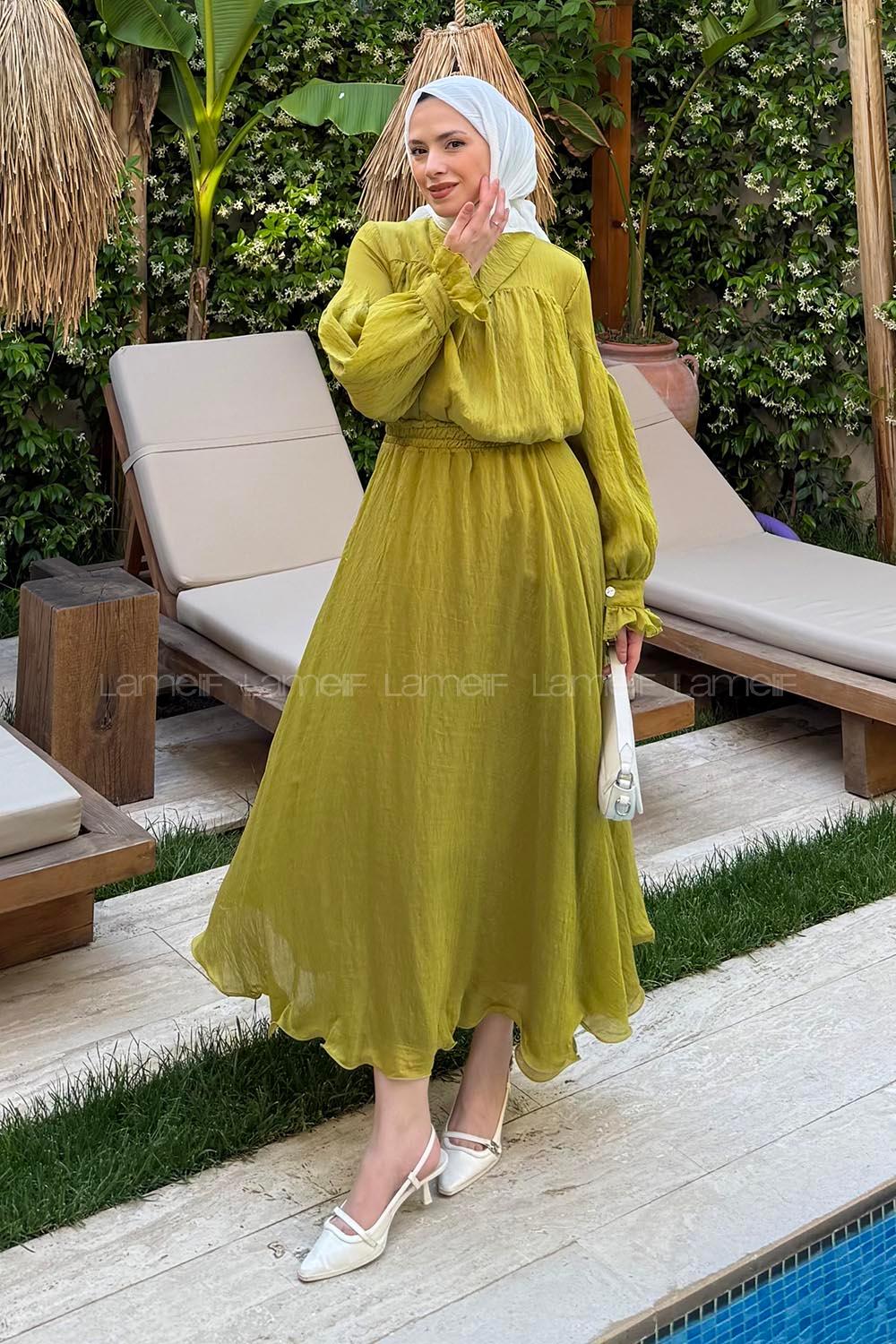 Lamelif Tesettür Şifon Takım Hardal Sarısı