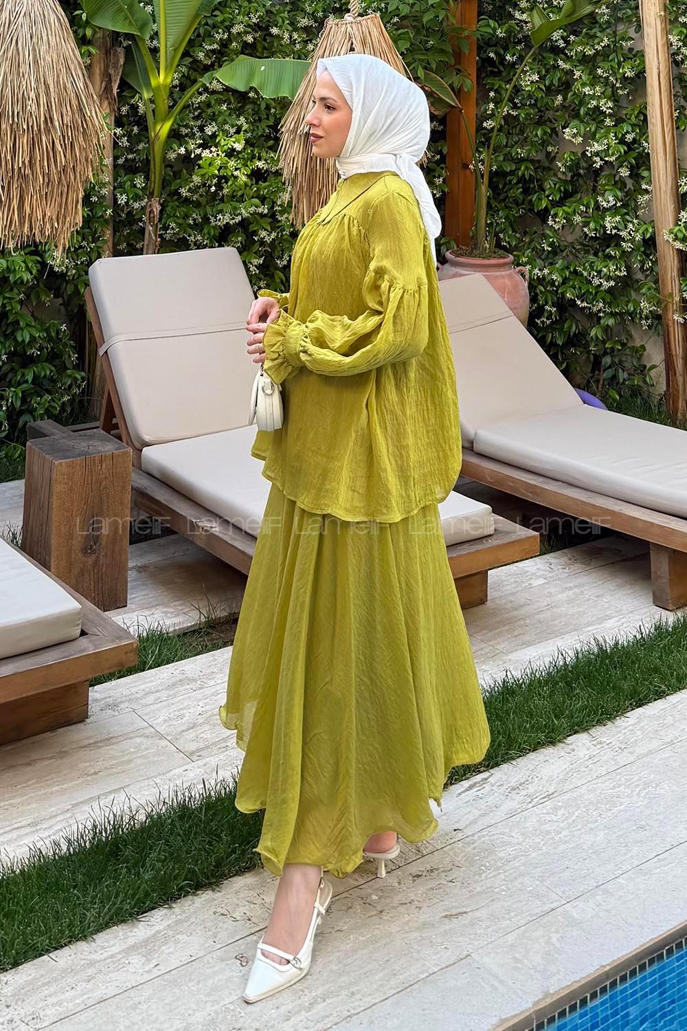 Lamelif Tesettür Şifon Takım Hardal Sarısı