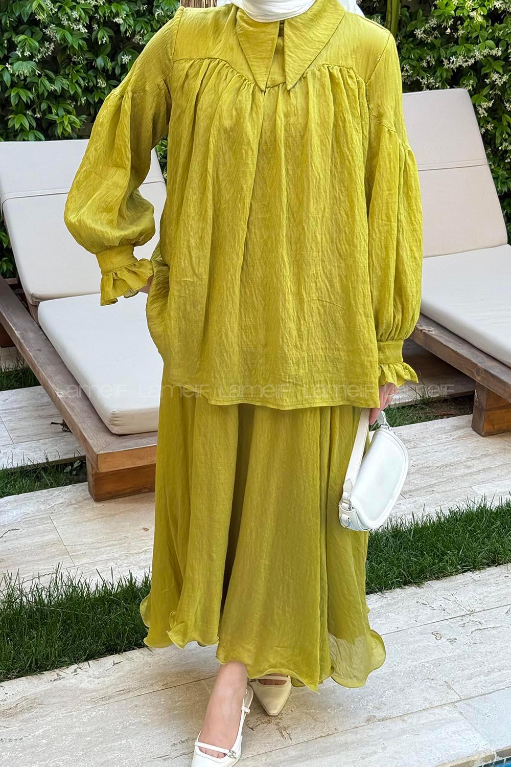 Lamelif Tesettür Şifon Takım Hardal Sarısı
