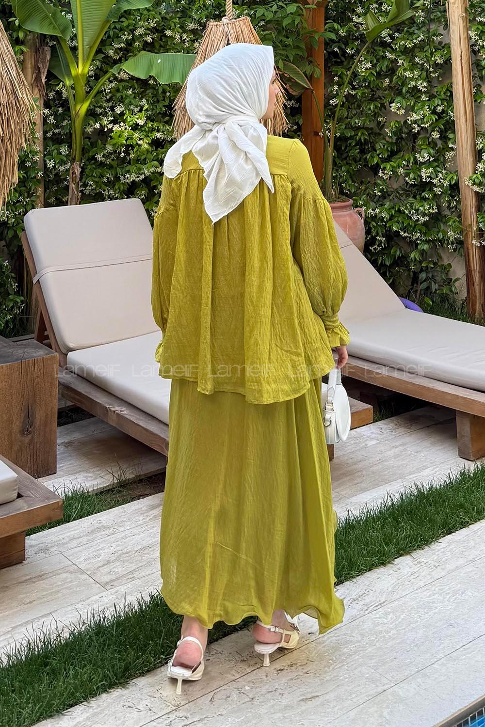 Lamelif Tesettür Şifon Takım Hardal Sarısı