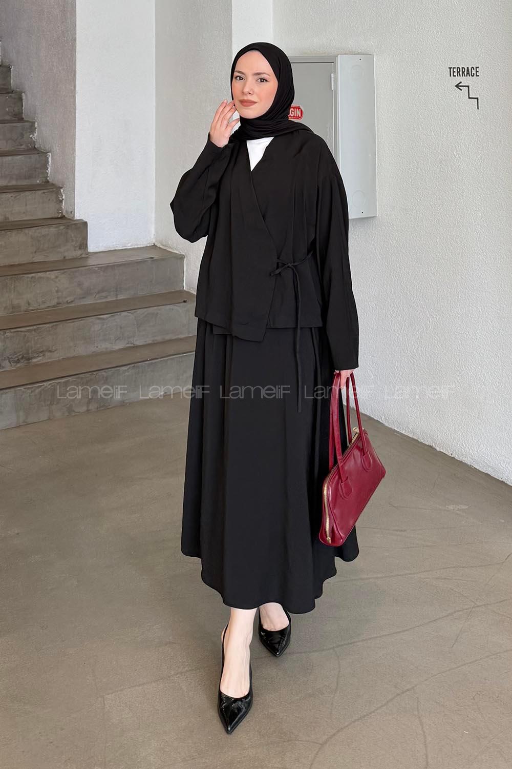 Lamelif Etekli Kimono Takım Siyah