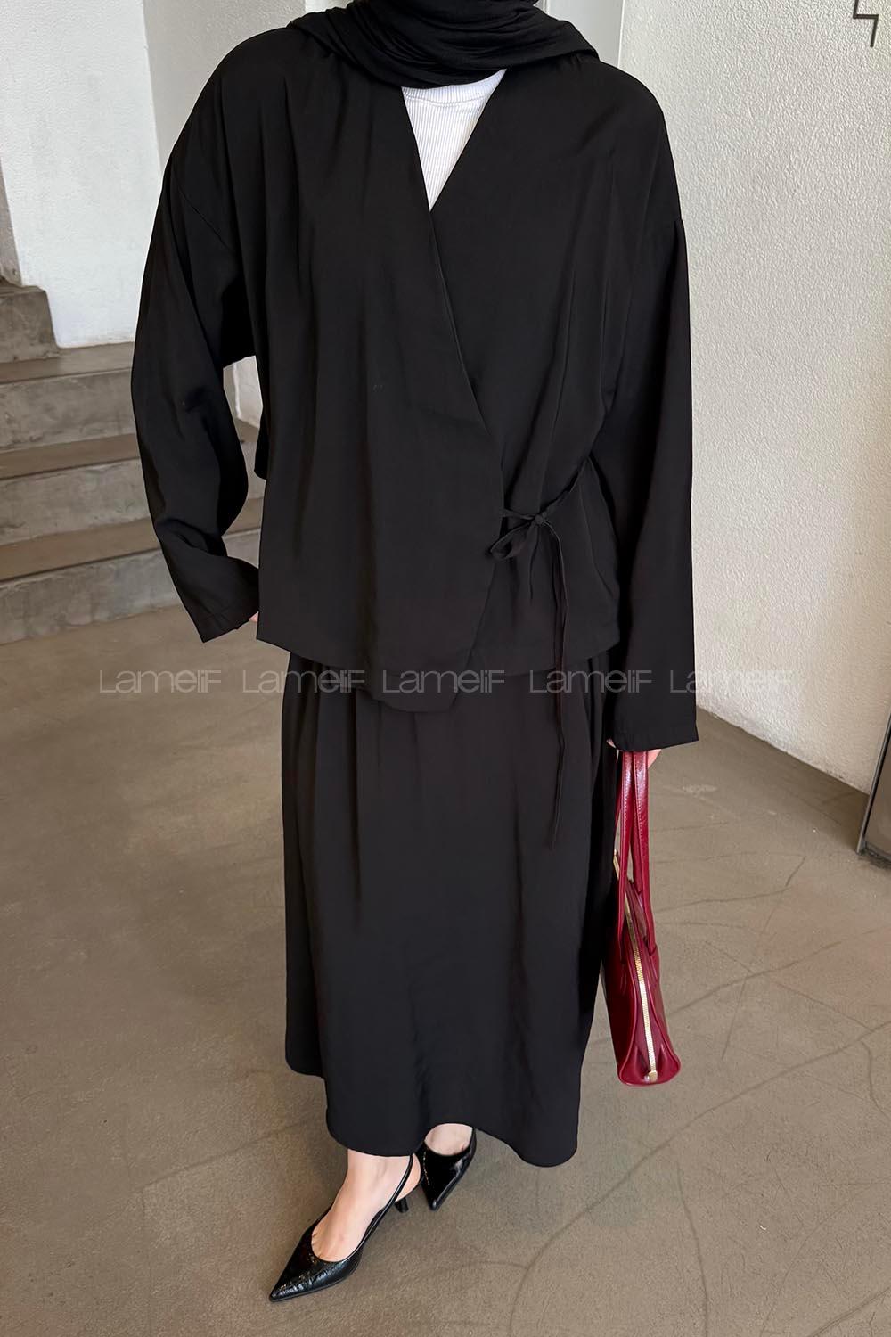 Lamelif Etekli Kimono Takım Siyah