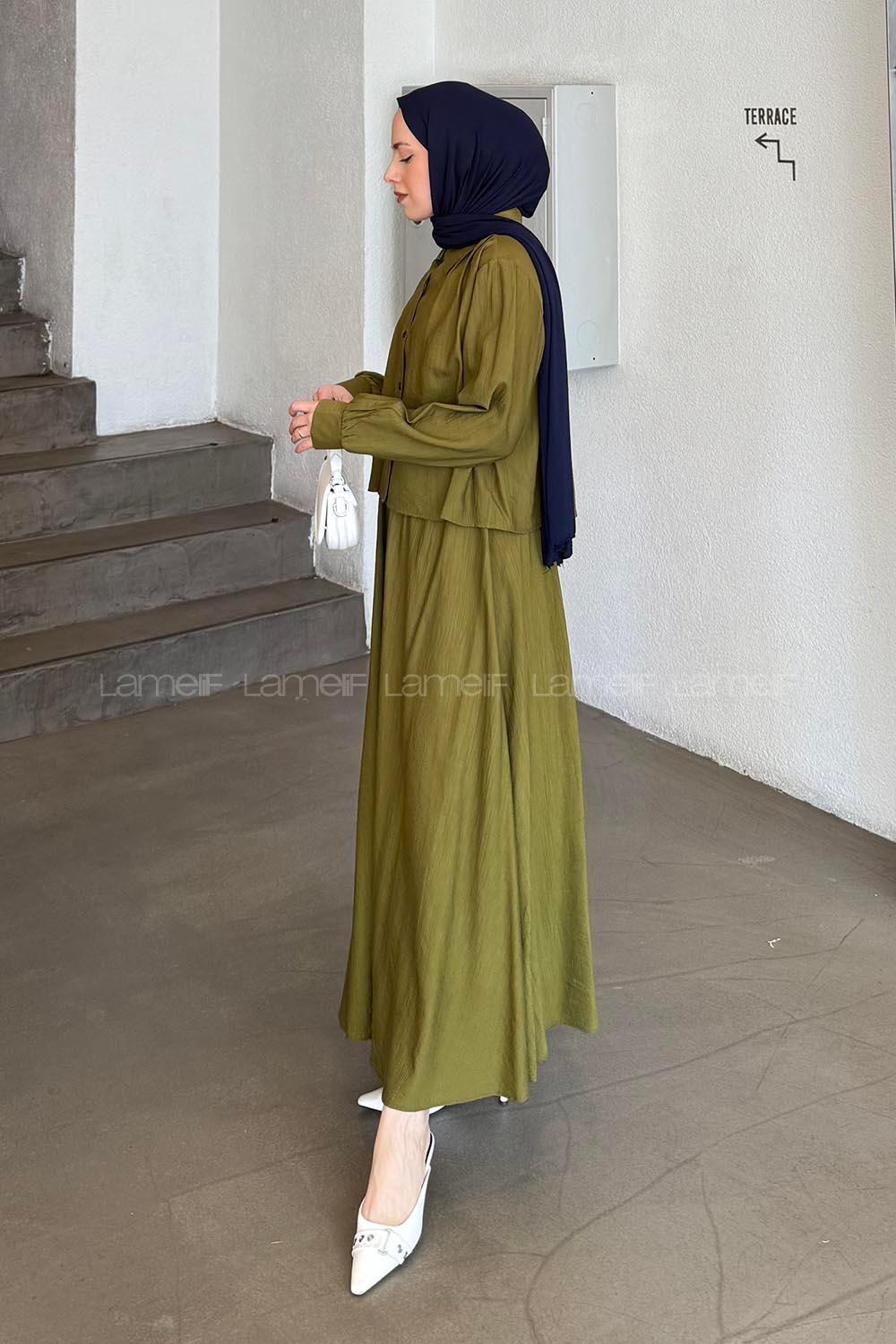 Lamelif Omuz Pile Detaylı Etekli Takım Fıstık Yeşili