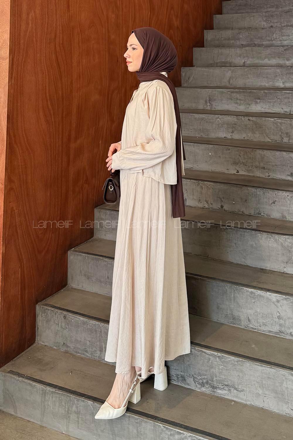 Lamelif Omuz Pile Detaylı Etekli Takım Taş Rengi