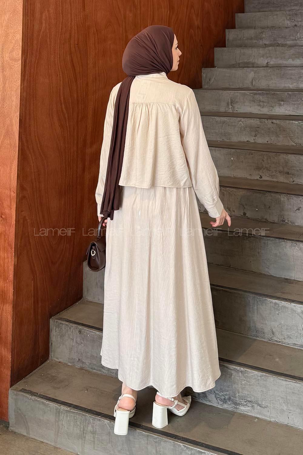Lamelif Omuz Pile Detaylı Etekli Takım Taş Rengi