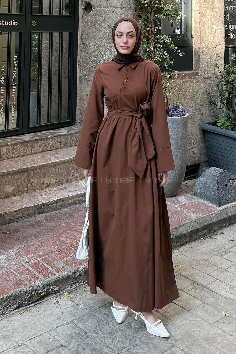 Düğme Detaylı Tesettür Elbise Acı Kahve