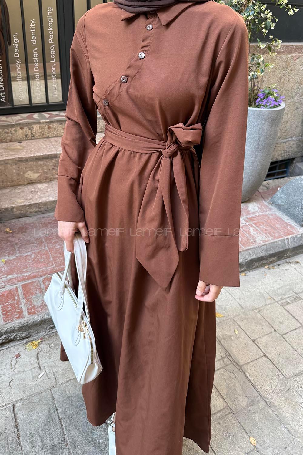 Düğme Detaylı Tesettür Elbise Acı Kahve