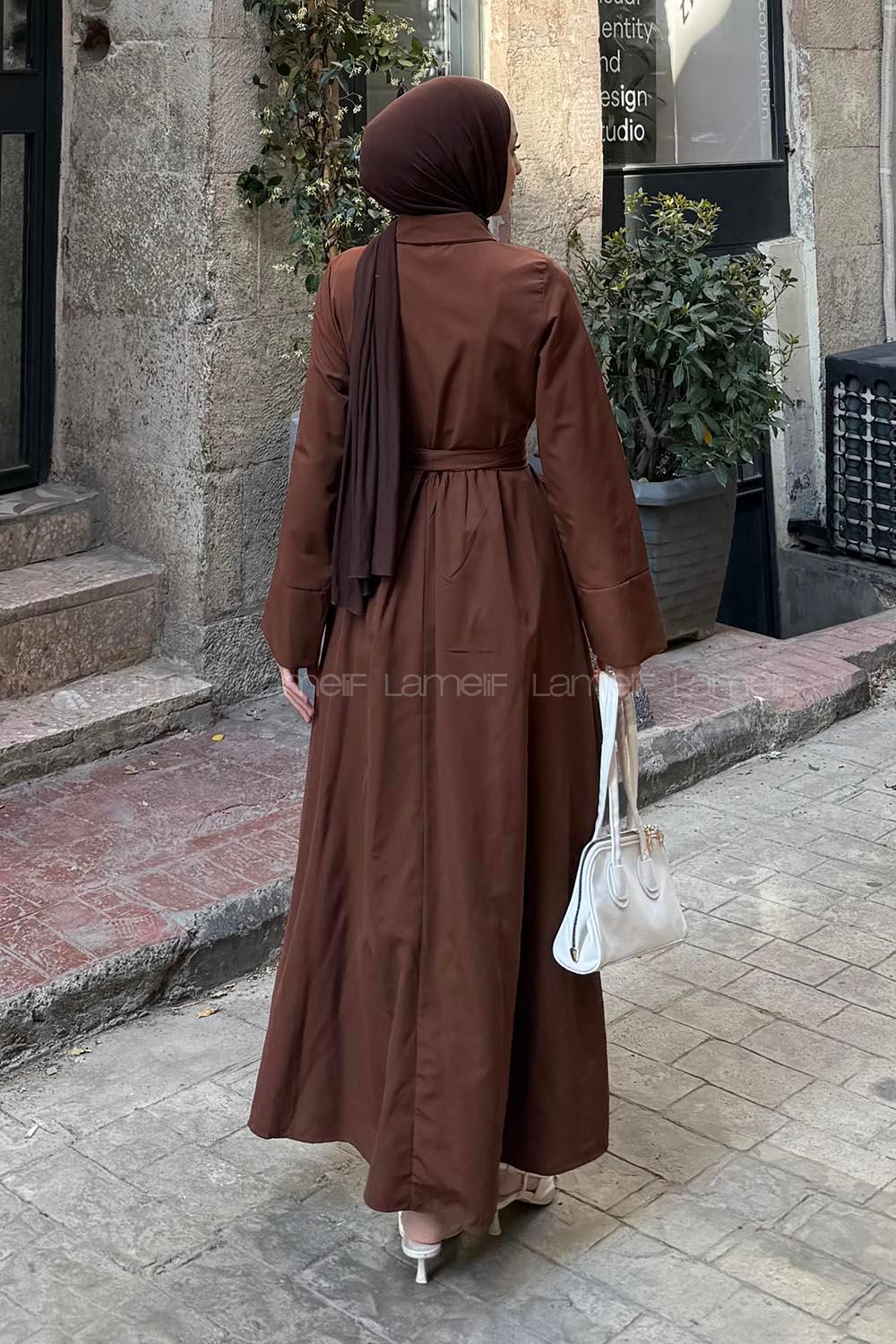 Düğme Detaylı Tesettür Elbise Acı Kahve