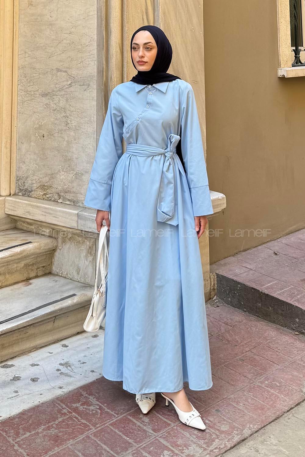 Lamelif Düğme Detaylı Tesettür Elbise Bebe Mavisi