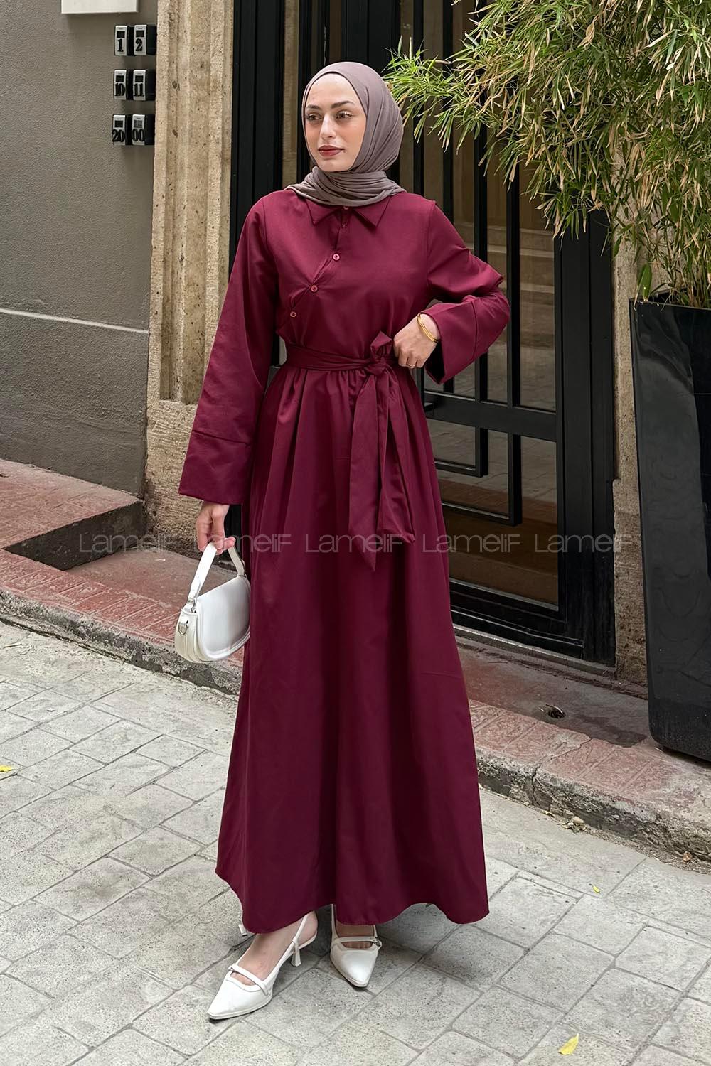 Lamelif Düğme Detaylı Tesettür Elbise Bordo