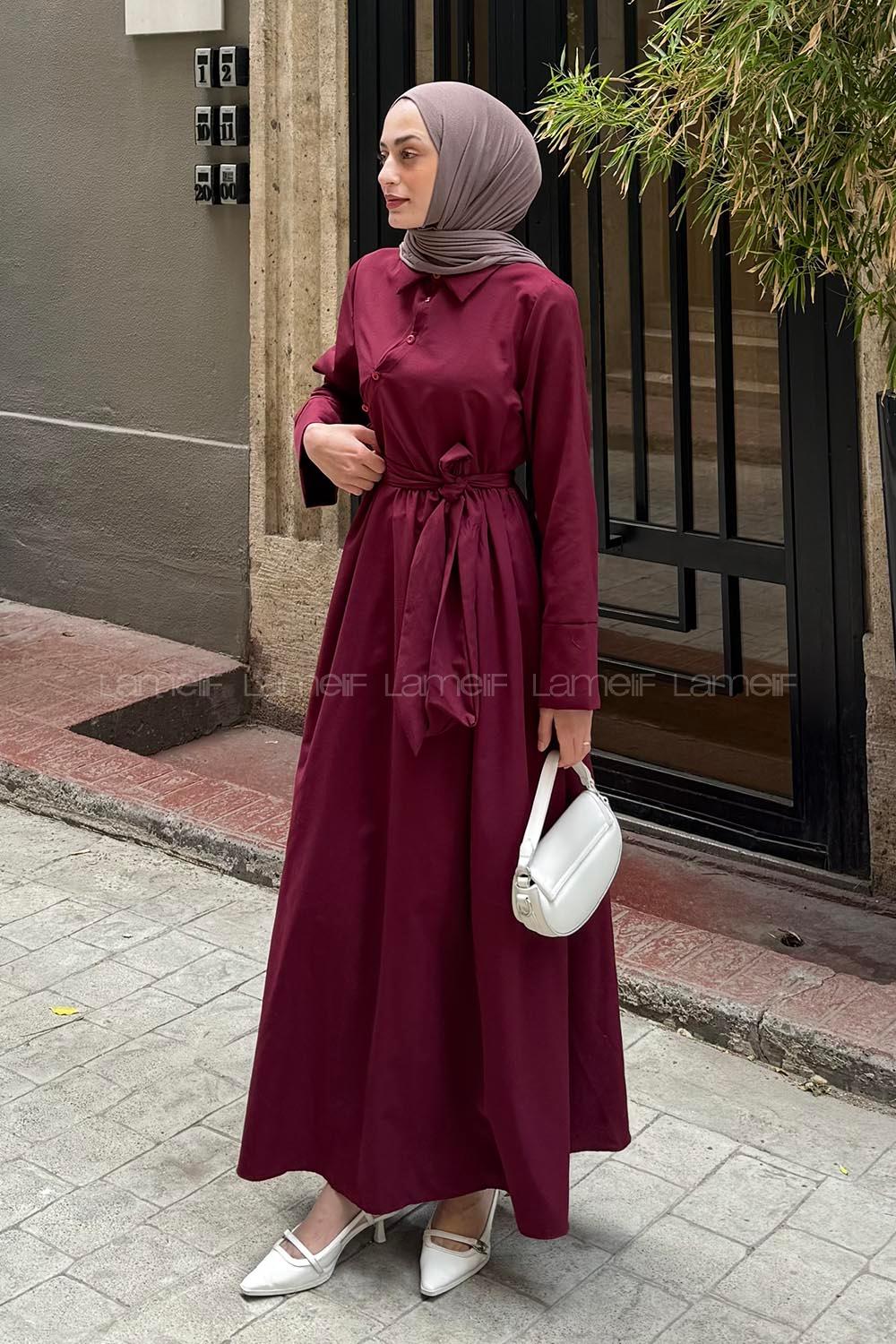 Lamelif Düğme Detaylı Tesettür Elbise Bordo