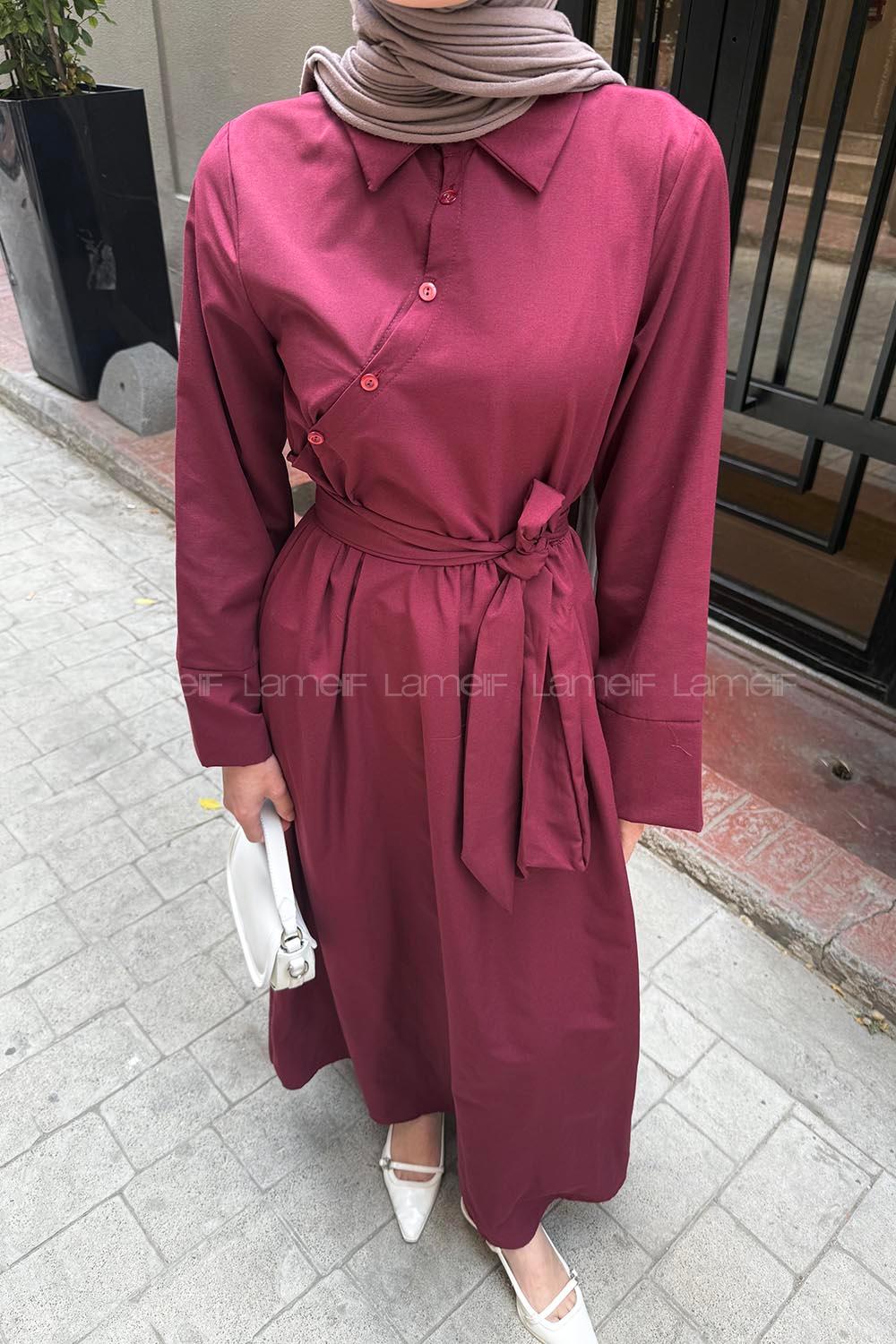 Lamelif Düğme Detaylı Tesettür Elbise Bordo